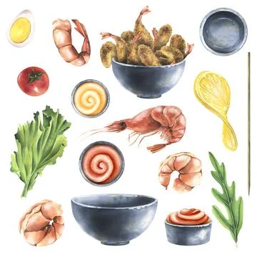 Set of isolated objects on a white background with shrimps, ceramic dishes Stock Illustration