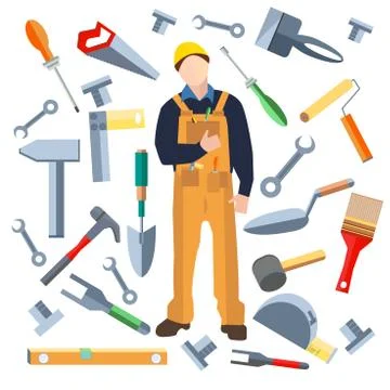 Set isolated objects, worker saw, trowel, hammer, screwdriver, brush Stock Illustration