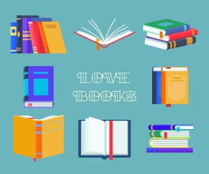 Set of isolated opened textbooks, book with mark Stock Illustration