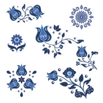 Set of isolated ornament elements in traditional Russian Gzhel style Stock Illustration