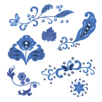 Set of isolated ornament elements in traditional Russian Gzhel style Stock Illustration
