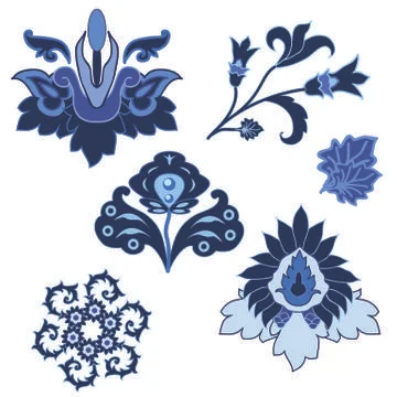 Set of isolated ornament elements in traditional Russian Gzhel style Stock Illustration