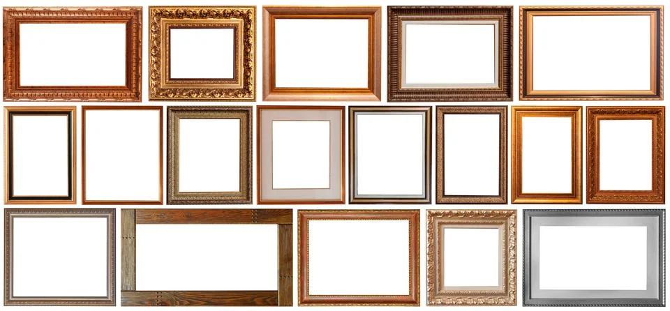 Set of isolated picture frames gallery exhibition interior Stockfoto's
