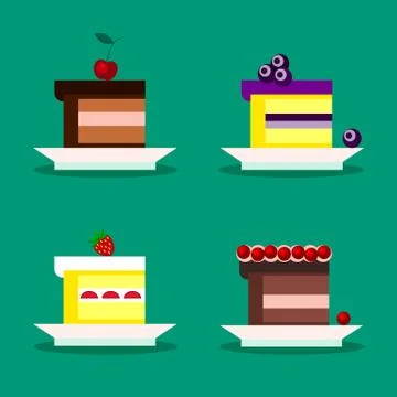 Set of isolated pieces of cake with cherry, blueberries, strawberries, cranbe Stock Illustration