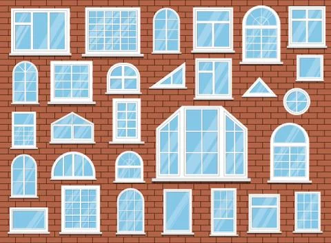 Set of isolated plastic windows on red brick wall background. Ilustración de archivo
