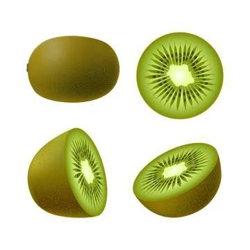 Set of isolated realistic colored whole juicy kiwi, half green kiwi and kiwi Stock Illustration