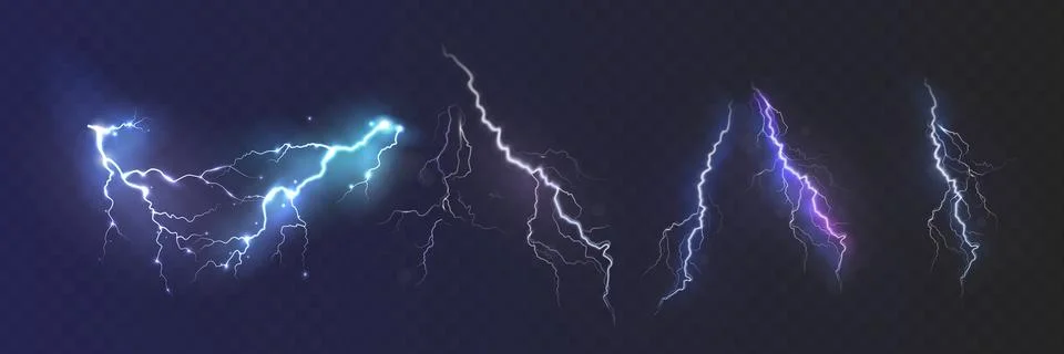 Set of the isolated realistic lightnings with transparency for design. Thun.. Stock Illustration