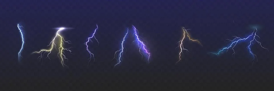 Set of the isolated realistic lightnings with transparency for design. Thunder Stock Illustration