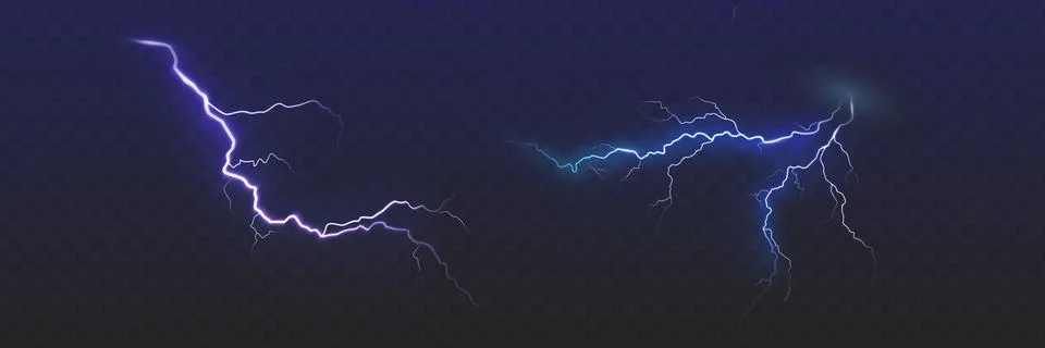Set of the isolated realistic lightnings with transparency for design. Thunder Stock Illustration