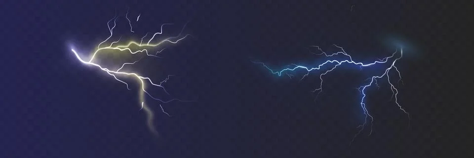 Set of the isolated realistic lightnings with transparency for design. Thun.. Stock Illustration