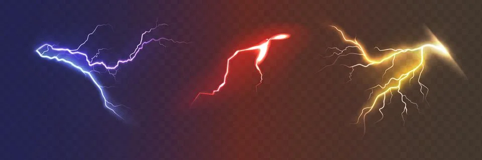 Set of the isolated realistic lightnings with transparency for design. Thunder Illustrazione stock