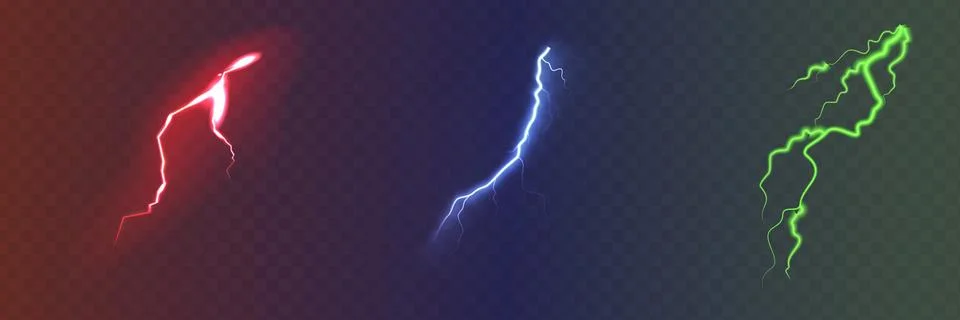 Set of the isolated realistic lightnings with transparency for design. Thunder Stock Illustration