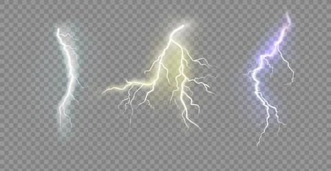 Set of the isolated realistic lightnings with transparency for design. Thunder Stock Illustration