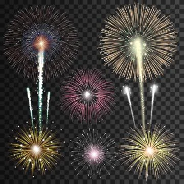 Set of isolated realistic vector fireworks on transparent background Stock Illustration