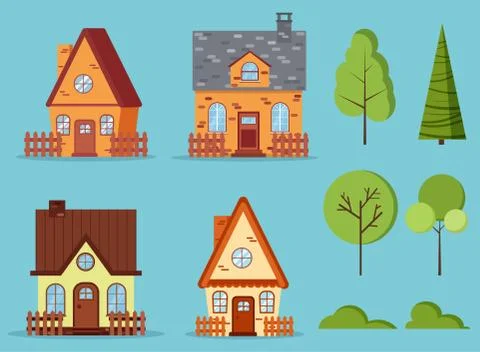 Set of isolated rural farm red brick and yellow houses with attic, chimney, f Stock Illustration