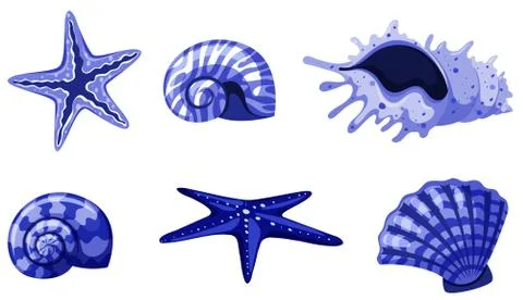 Set of isolated seashells in blue color 스톡 일러스트