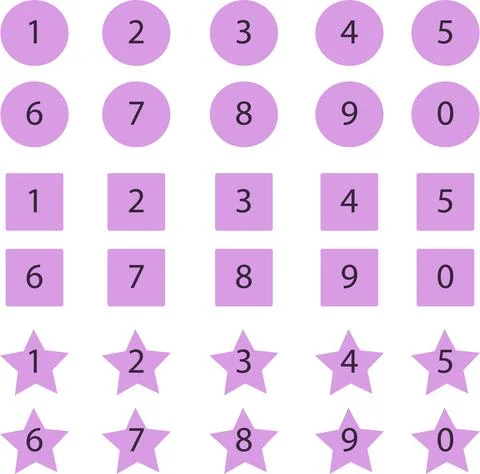 Set isolated shapes circles squares asterisks purple Stock Illustration