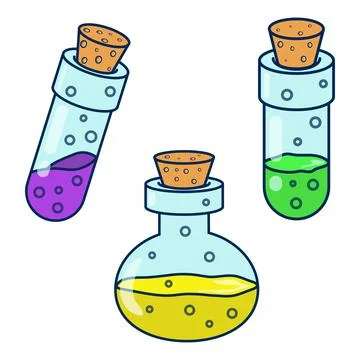 Set of isolated simple vector illustrations of different shape colorful potion Illustrazione stock