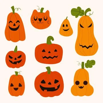 Set of isolated smiling pumpkin in doodle style. 스톡 일러스트