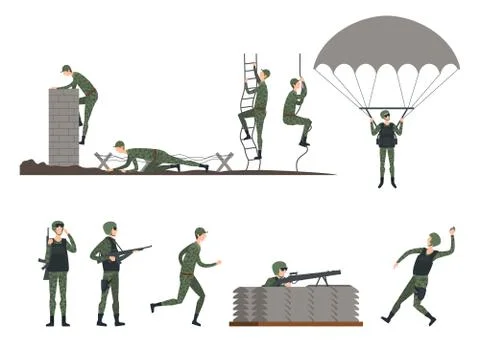 Set of isolated soldiers doing exercises. Military Stock Illustration