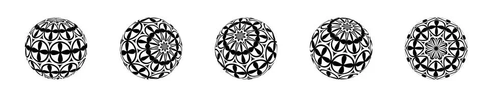 Set of isolated spheres with black pattern with different tilt. Volumetric ba Stock Illustration