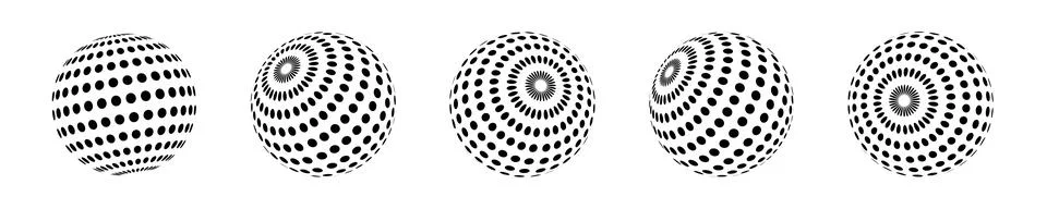 Set of isolated spheres with dot pattern with different slopes. Halftone ba.. Stock Illustration