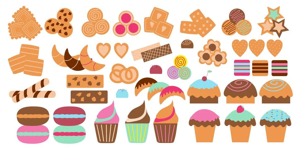 Set of isolated sweets in the form of cupcakes, cookies, sweets, waffles, zip Stock Illustration