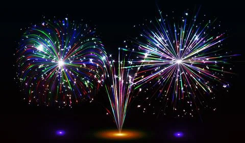 Set Isolated vector fireworks on a dark background. Stock Illustration