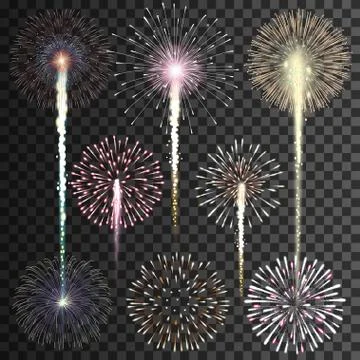 Set of isolated vector fireworks on transparent background Stock Illustration