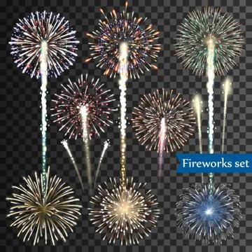 Set of isolated vector fireworks on transparent background Stockillustratie