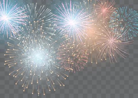 Set of isolated vector fireworks on a transparent background. Stock Illustration