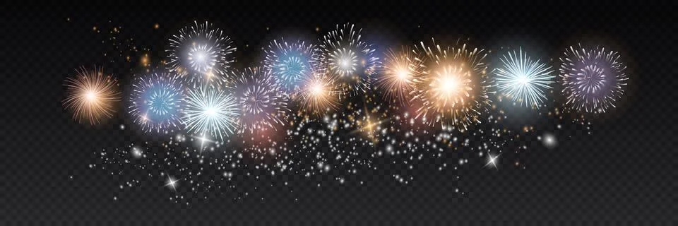 Set of isolated vector fireworks on transparent background. Stock Illustration
