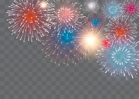 Set of isolated vector fireworks on a transparent background. Stock Illustration