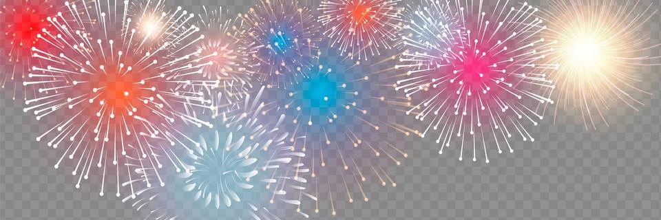 Set of isolated vector fireworks on a transparent background. Stock Illustration