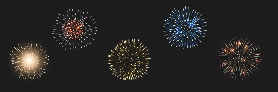Set of isolated vector fireworks on transparent background. Stock Illustration