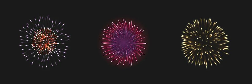 Set of isolated vector fireworks on transparent background. Stock Illustration