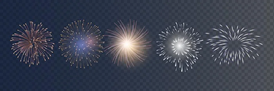 Set of isolated vector fireworks on a transparent background. Stock Illustration