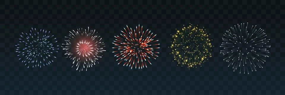 Set of isolated vector fireworks on a transparent background. Stock Illustration