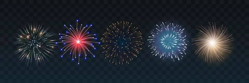 Set of isolated vector fireworks on a transparent background. Stock Illustration