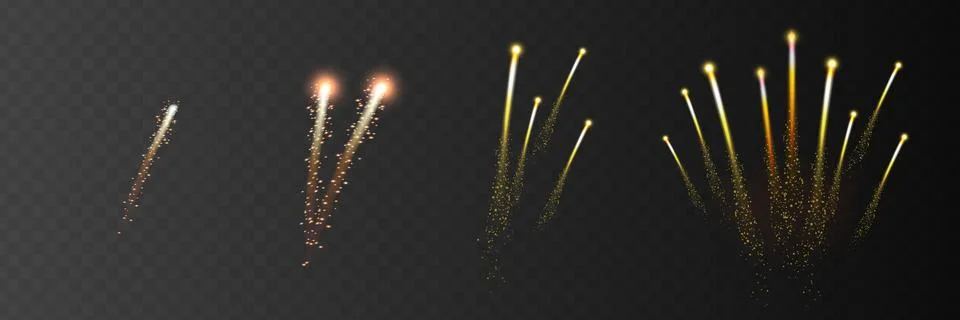 Set of isolated vector fireworks on transparent background. Stock Illustration