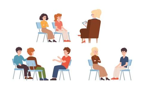 Set of isolated vector illustrations of Groups therapy session, support, people 스톡 일러스트
