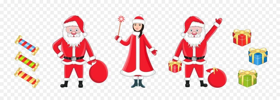 Set of isolated vector illustrations of Santa Claus, snow maiden Stock Illustration