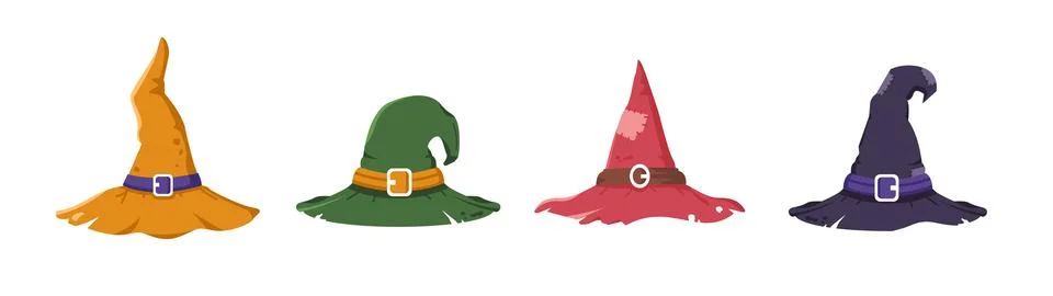 Set of isolated vector illustrations of witch hats in various colors Stock Illustration
