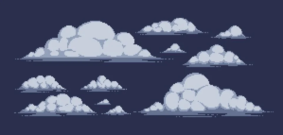 Set of isolated vector pixel art thunderclouds for retro games. Stock Illustration