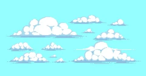 Set of isolated vector pixel art clouds for retro games. Stock Illustration