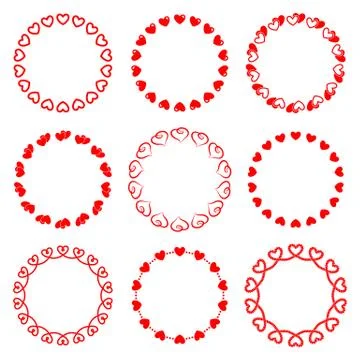 Set of isolated vector romantic round frames with hearts Stock Illustration