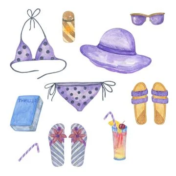 Set of isolated watercolor elements for vacation and beach holidays Illustrazione stock