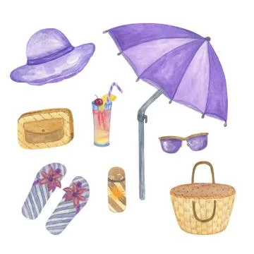 Set of isolated watercolor elements for vacation and beach holidays Stock Illustration