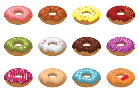Set, isolated on white background. Donuts into the glaze. Stock Illustration