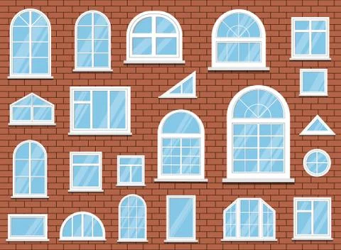 Set of isolated white classic plastic pvc windows on red brick wall backgroun Stock Illustration